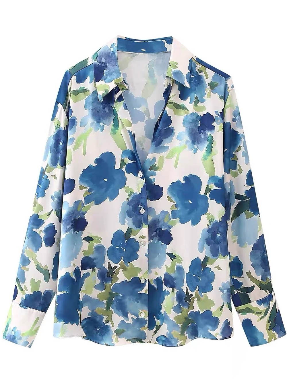Floral Satin Button-Down Shirt - Blue/Green